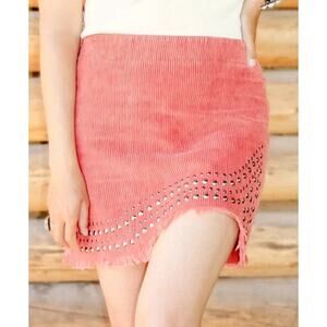 POL Corduroy Mini Skirt in Coral, Women’s S, Festival Skirt Cowgirl Studs Fringe